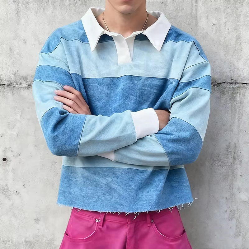 Retro Washed Blue Stripe Streetwear Long Sleeve Polo Shirt