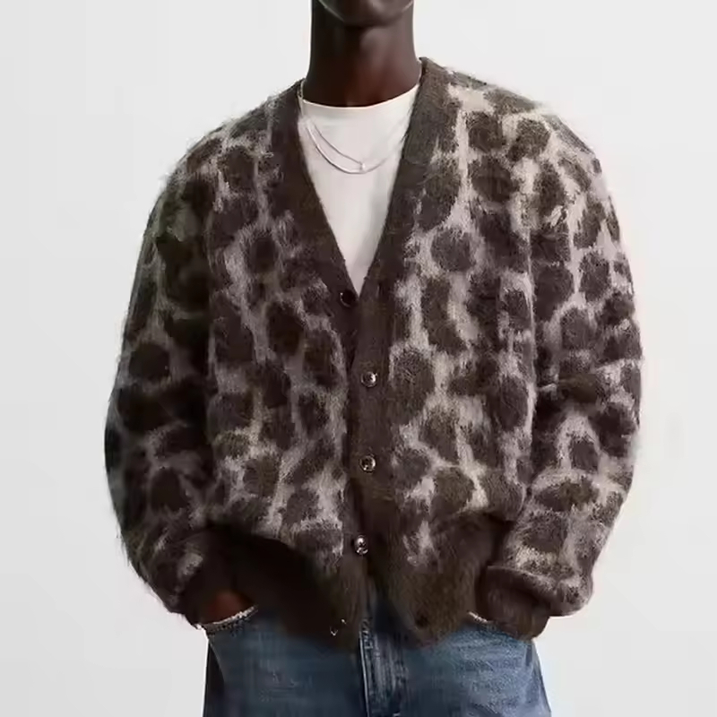 Leopard Pattern Jacquard Knit Cardigan Sweater