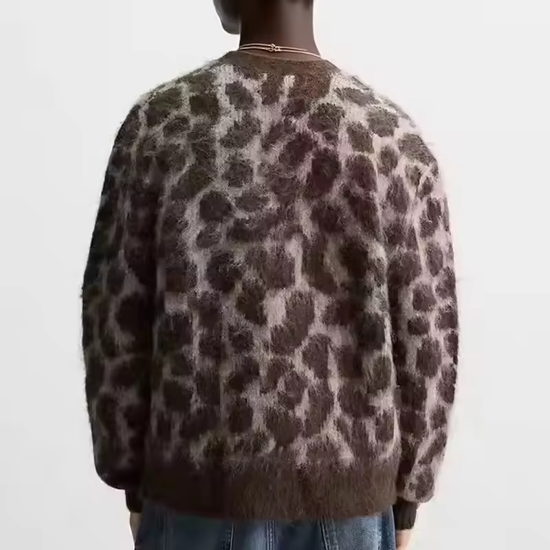 Leopard Pattern Jacquard Knit Cardigan Sweater