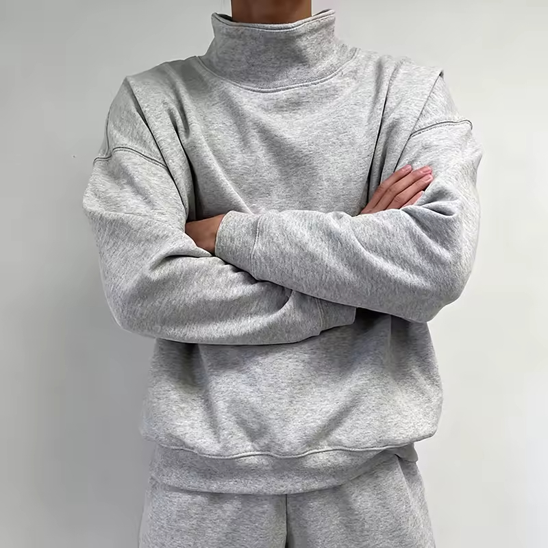 Solid Grey Relaxed Fit High Neck Sweatshirt