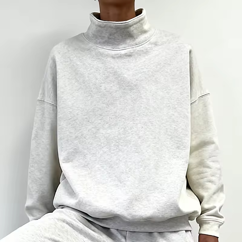 Solid Grey Relaxed Fit High Neck Sweatshirt