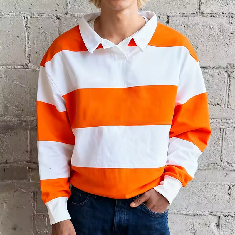 Long Sleeve Striped Polo Rugby Shirt Men