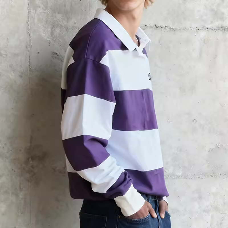 Long Sleeve Striped Polo Rugby Shirt Men
