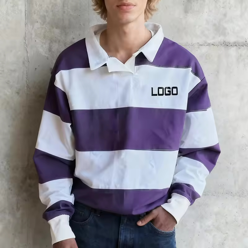 Long Sleeve Striped Polo Rugby Shirt Men
