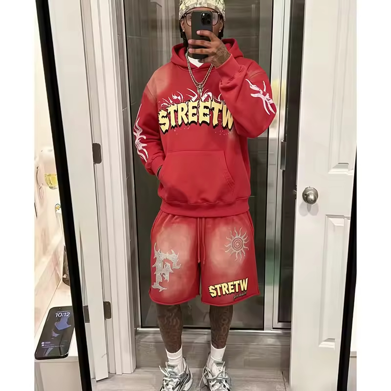 Rhinestone Hoodie Short Sets