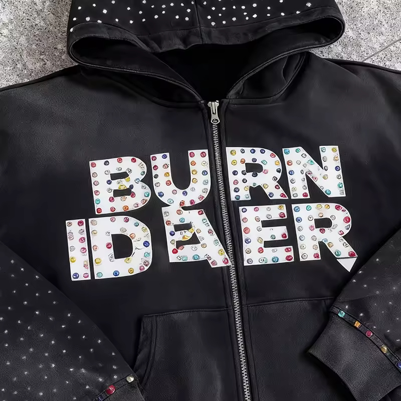 Black Zip-Up Streetwear Rhinestone Hoodie