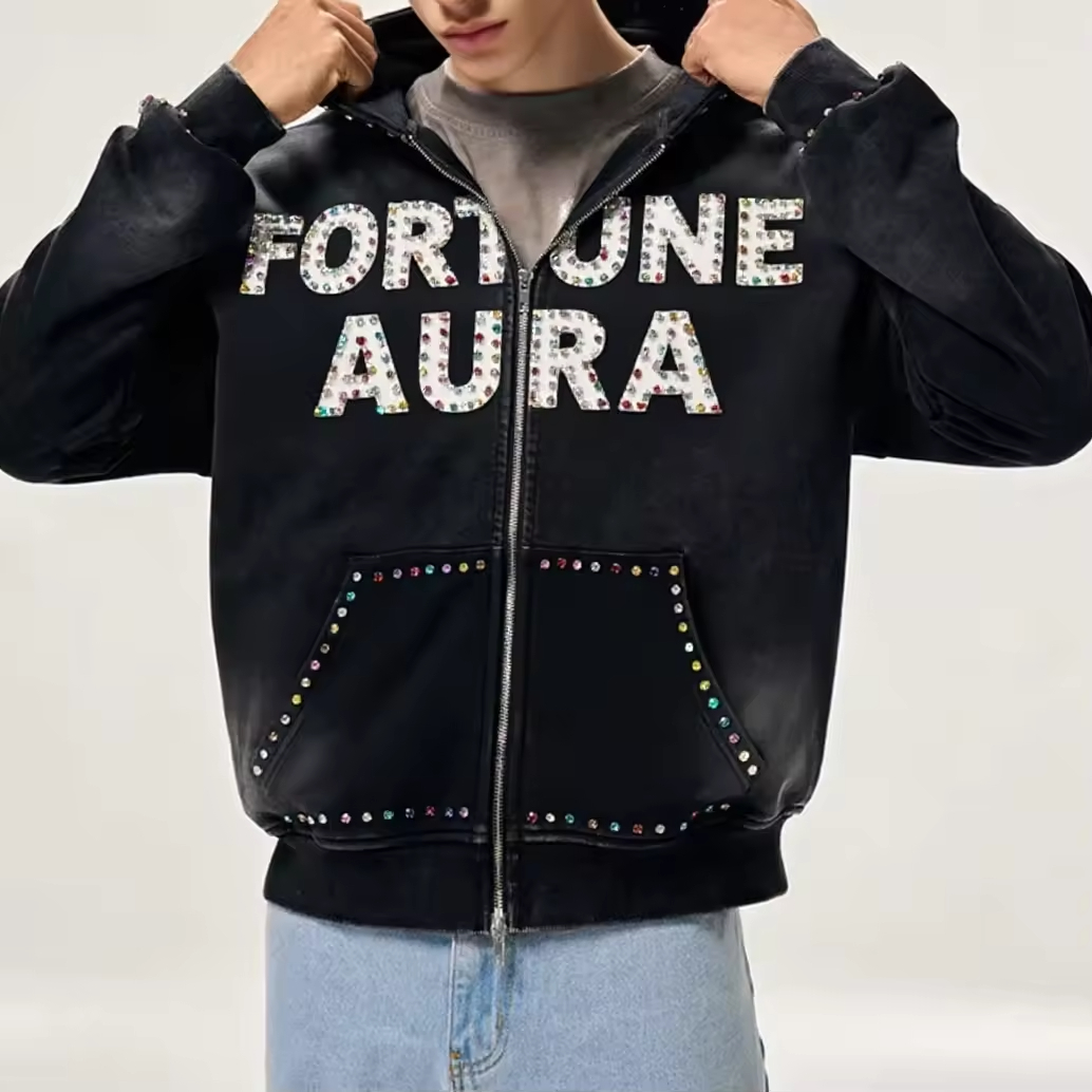 Black Zip-Up Streetwear Rhinestone Hoodie