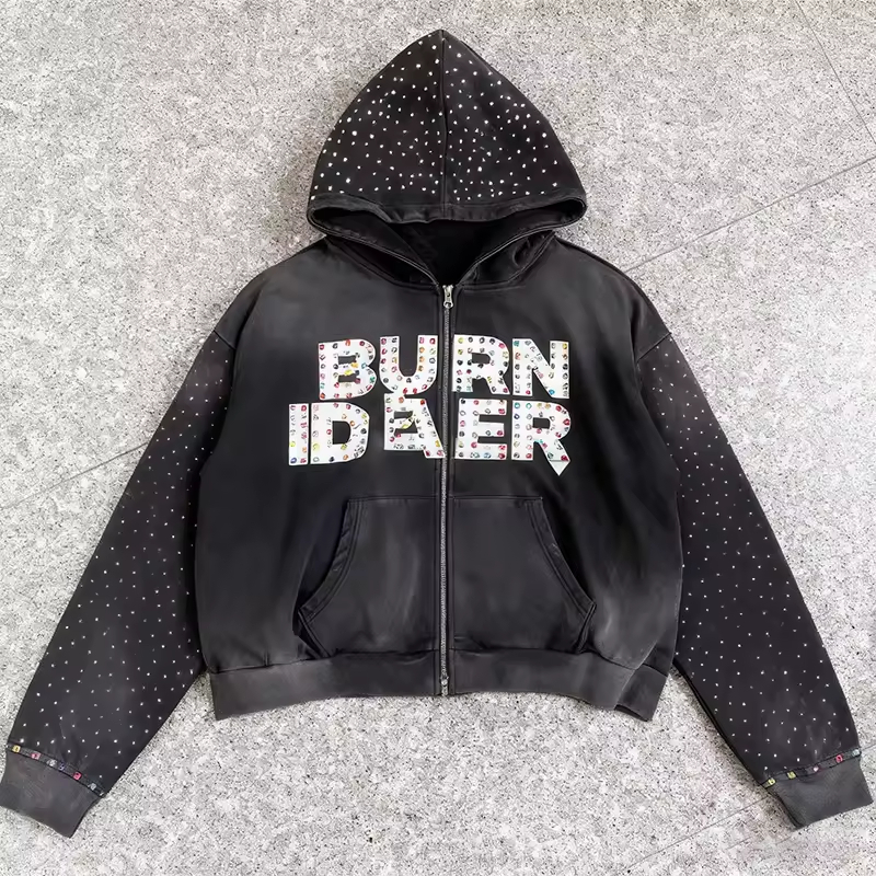 Black Zip-Up Streetwear Rhinestone Hoodie