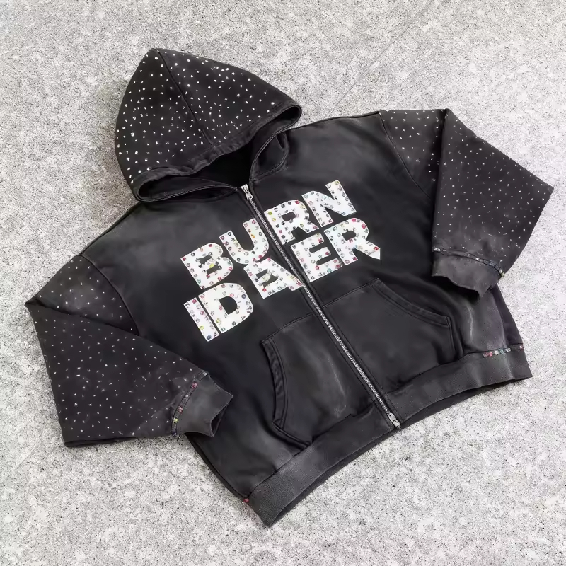 Black Zip-Up Streetwear Rhinestone Hoodie