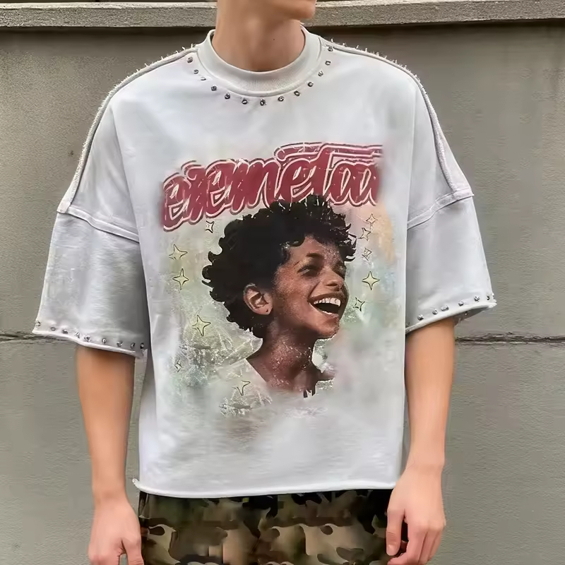 Washed Grey Vintage Style Portrait Print Unisex Oversized Graphic T Shirt