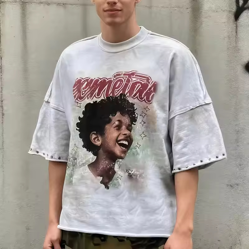 Washed Grey Vintage Style Portrait Print Unisex Oversized Graphic T Shirt