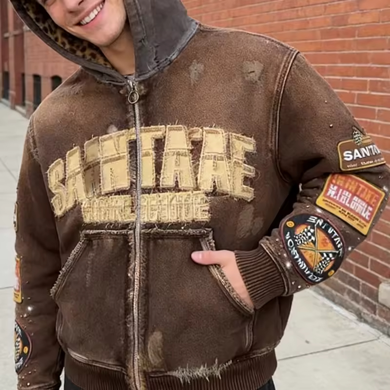 Acid Wash Rhinestone Vintage Hoodie Men