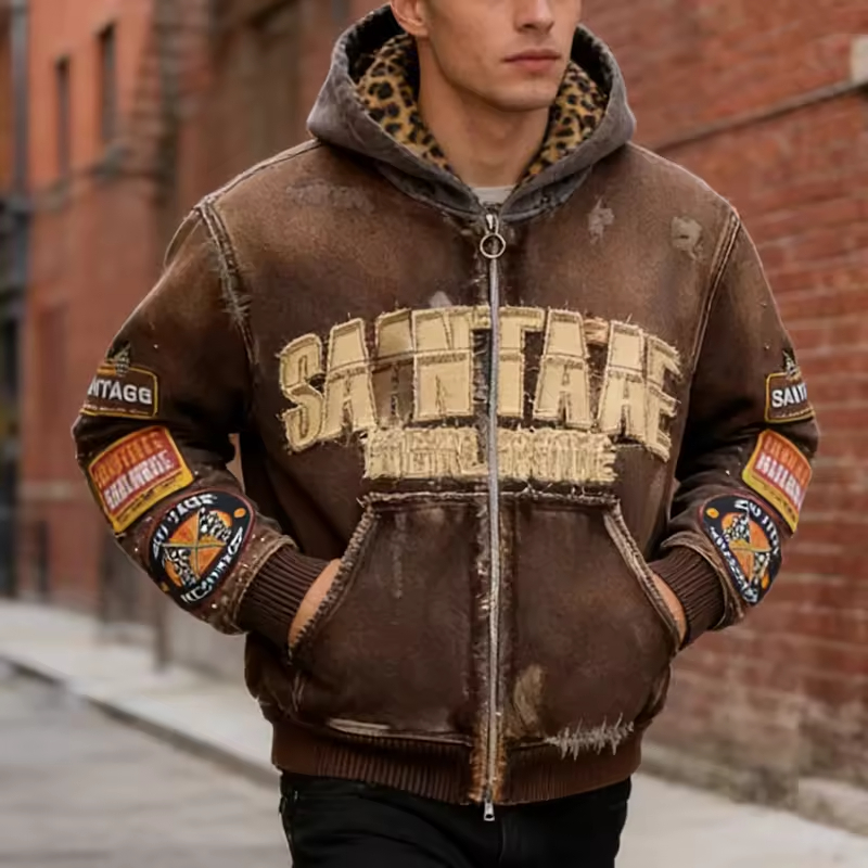 Acid Wash Rhinestone Vintage Hoodie Men