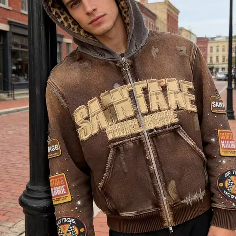 Acid Wash Rhinestone Vintage Hoodie Men