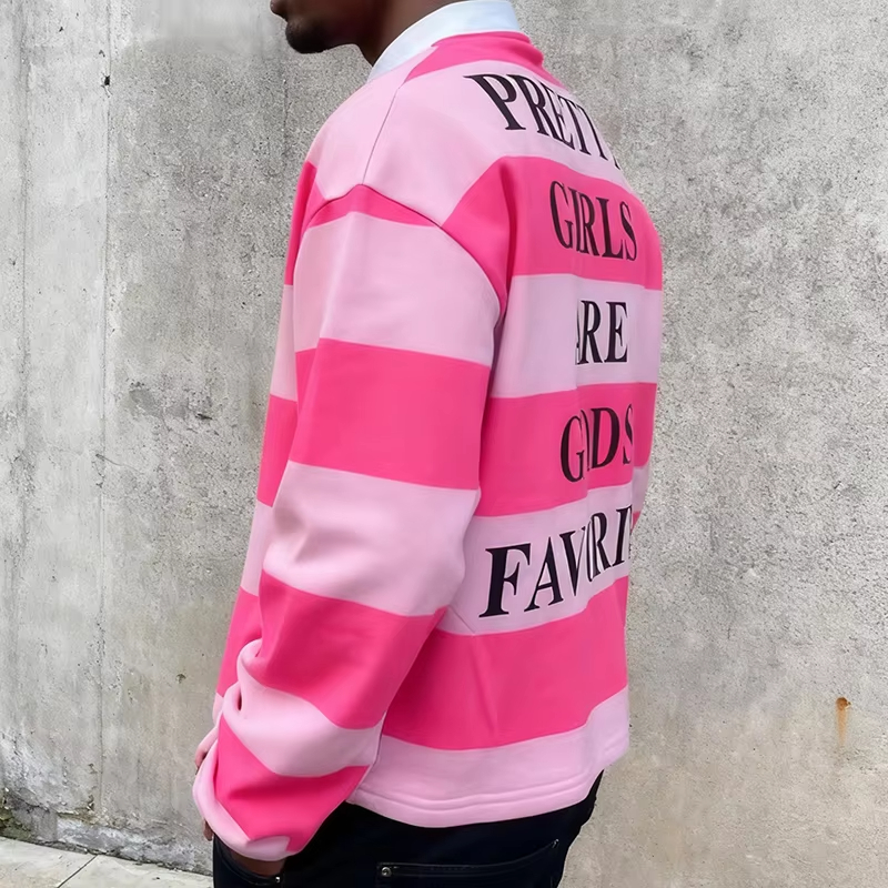 Retro Streetwear Pink Stripe Letter Oversized Rugby Shirt