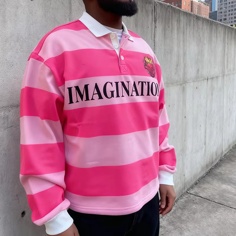 Retro Streetwear Pink Stripe Letter Oversized Rugby Shirt