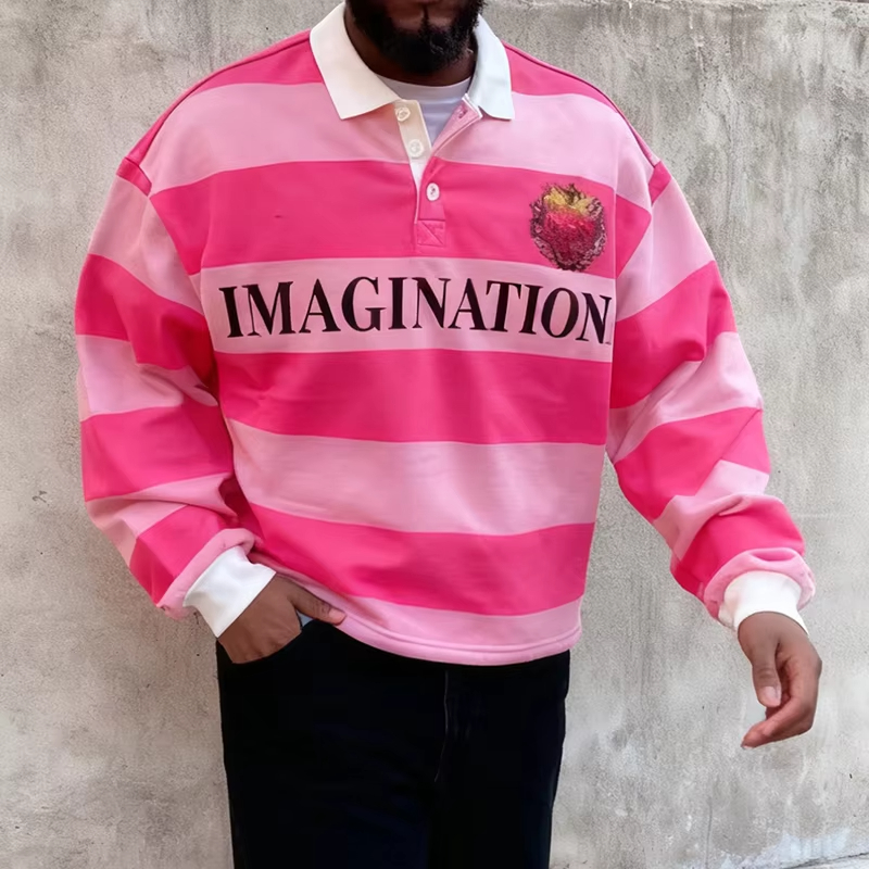 Retro Streetwear Pink Stripe Letter Oversized Rugby Shirt