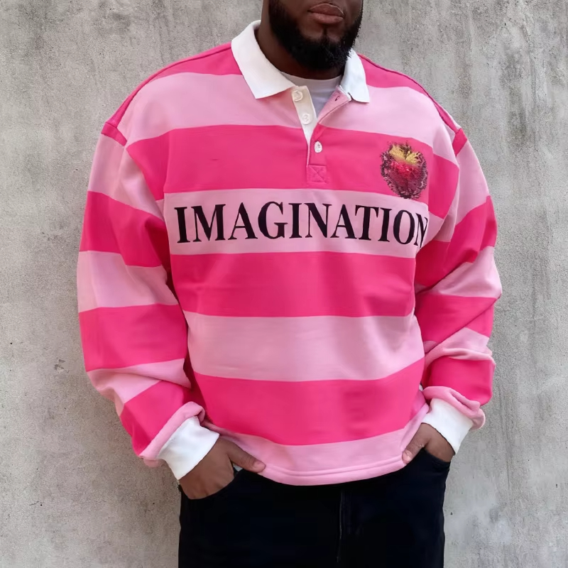 Retro Streetwear Pink Stripe Letter Oversized Rugby Shirt