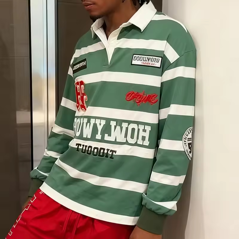 Long Sleeve Rugby Stripe Men's Polo T-Shirt