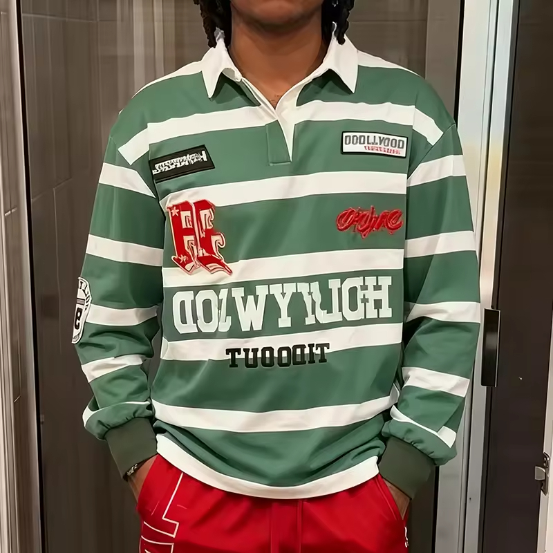 Long Sleeve Rugby Stripe Men's Polo T-Shirt
