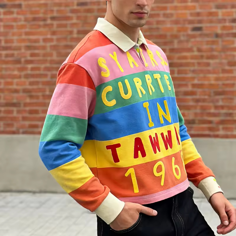 Long Sleeve Stripe Polo T-shirt Men