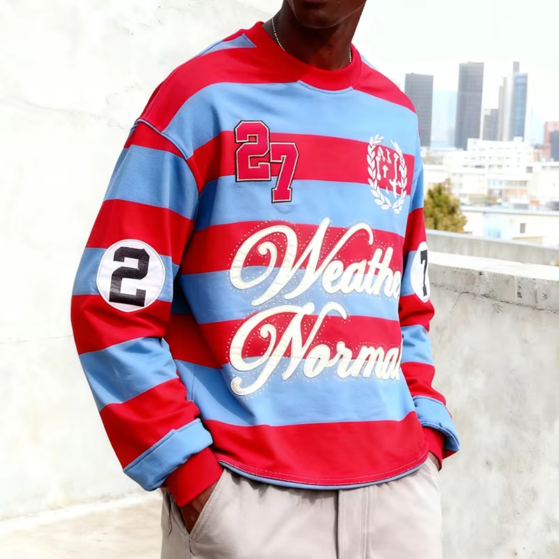 Red Blue Stripe Casual Oversized Graphic T Shirt