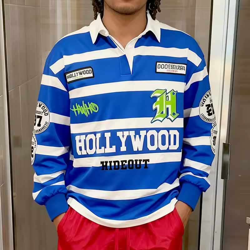 Embroidery Long Sleeve Striped Polo Rugby Shirt Men