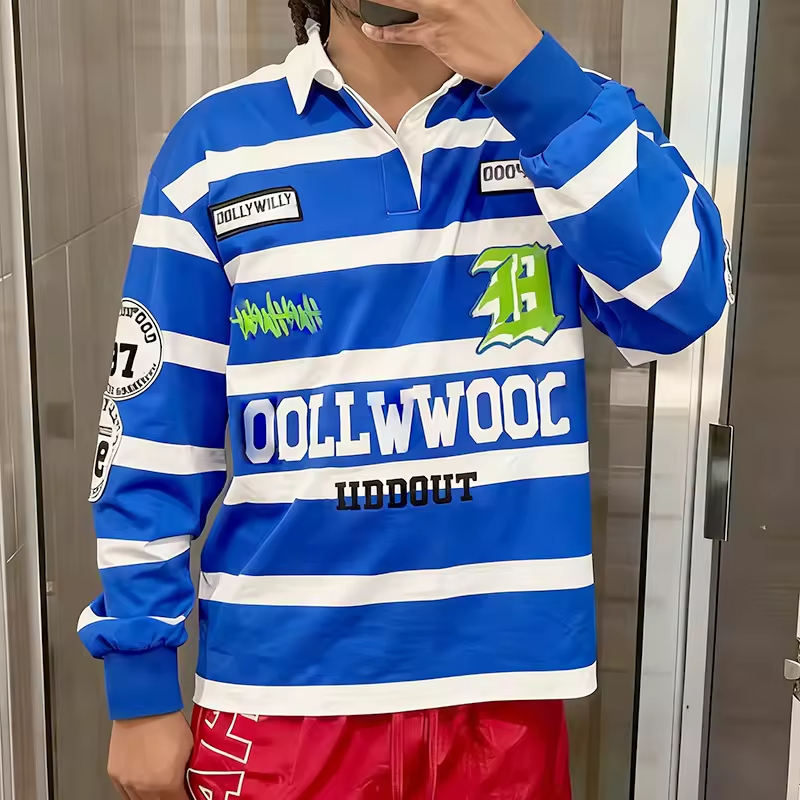 Embroidery Long Sleeve Striped Polo Rugby Shirt Men