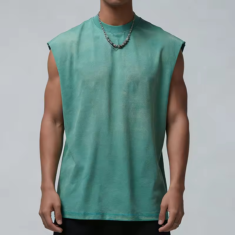Street Style Solid Green Relaxed Fit Sleeveless T Shirt