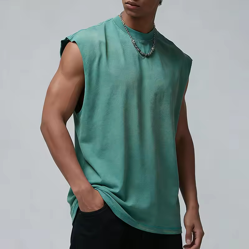 Street Style Solid Green Relaxed Fit Sleeveless T Shirt