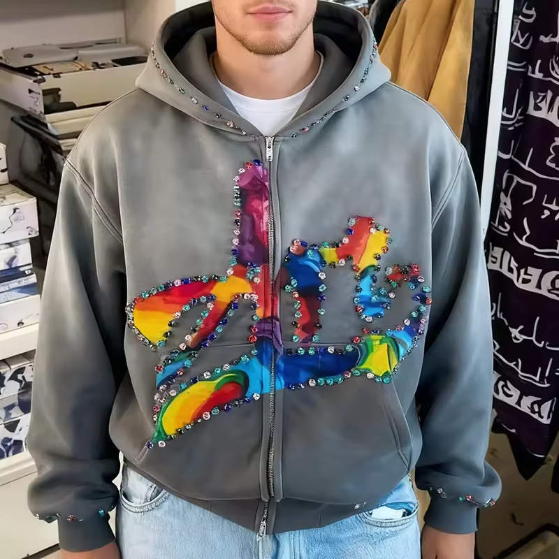 Trendy Colorful Gemstone-Adorned Streetwear Zip Hoodie for Men