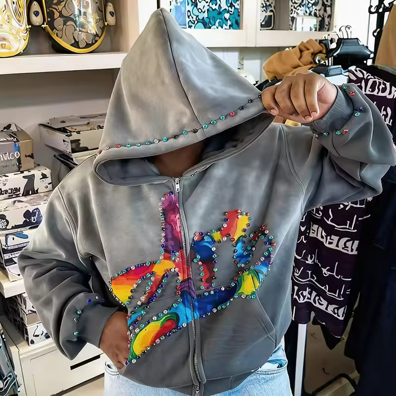 Trendy Colorful Gemstone-Adorned Streetwear Zip Hoodie for Men