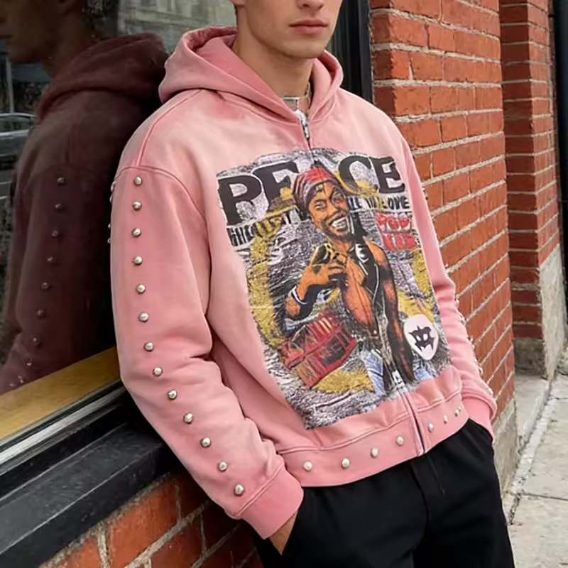 Washed Rhinestone Pearl Zip up Hoodie