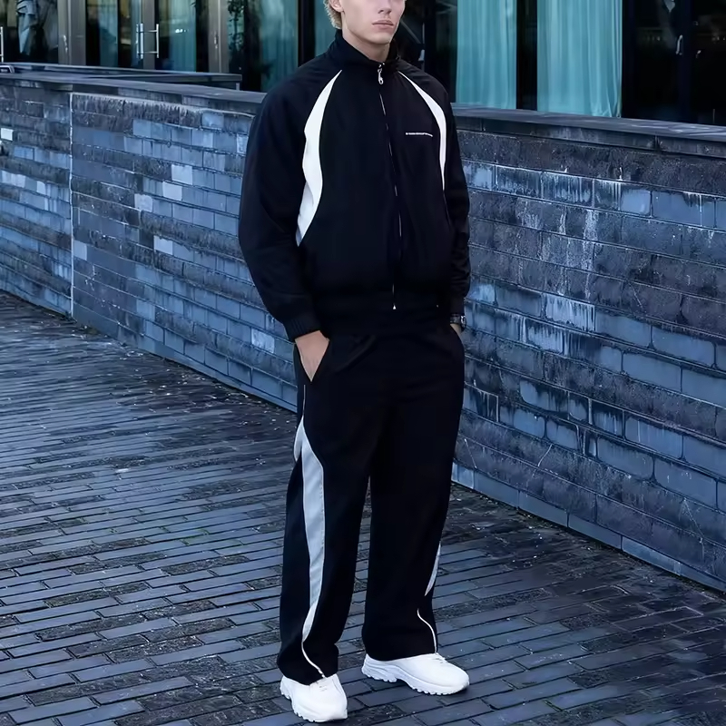 Streetwear Black Sport Zip Up Jacket Jogger Tracksuit Set