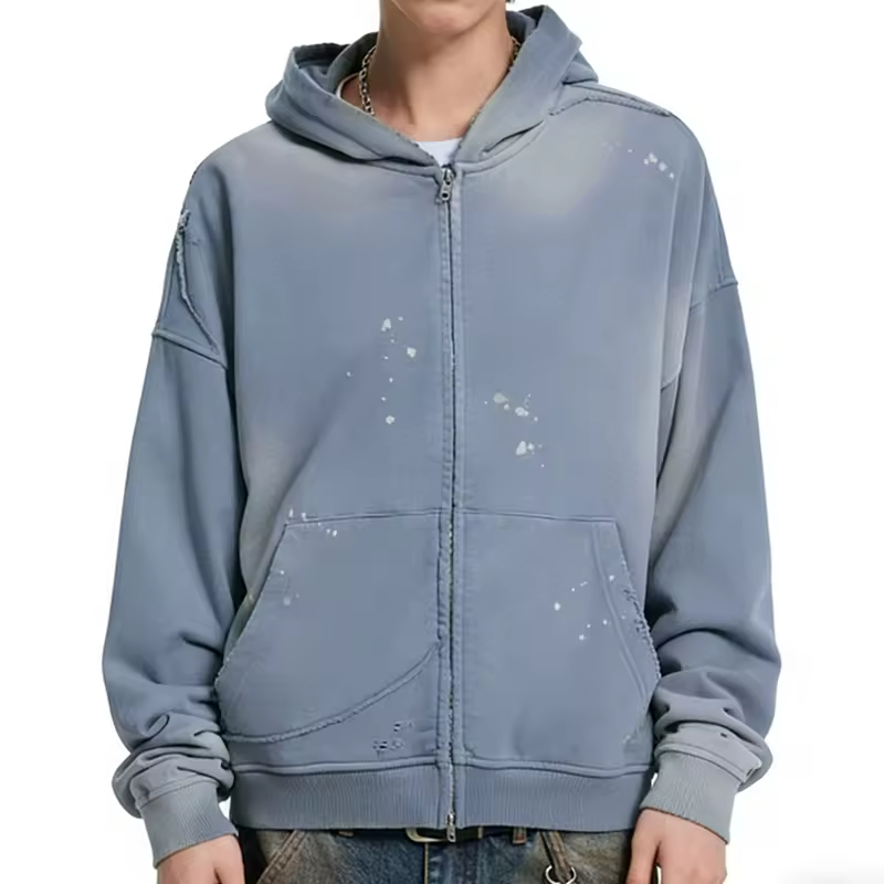 Vintage Wash Zip Hoodie with Paint Stains