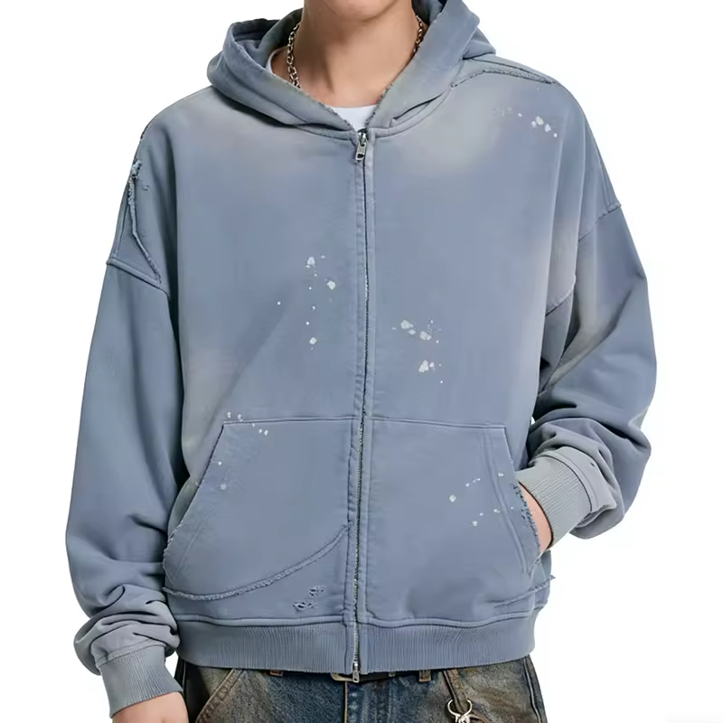 Vintage Wash Zip Hoodie with Paint Stains