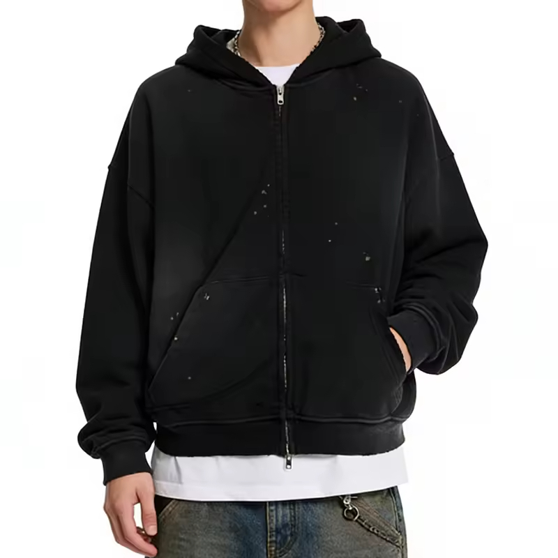 Vintage Wash Zip Hoodie with Paint Stains