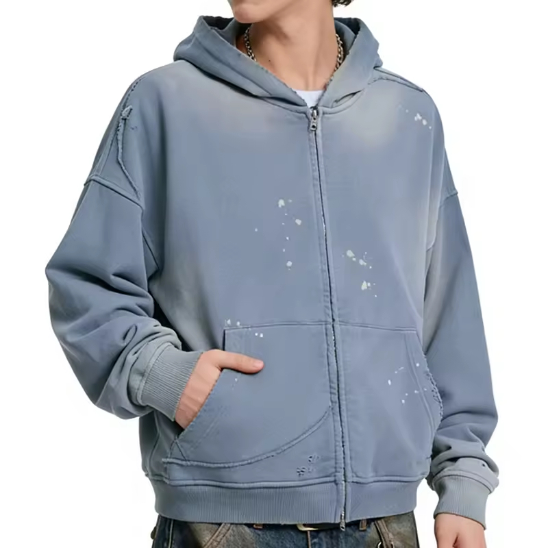 Vintage Wash Zip Hoodie with Paint Stains