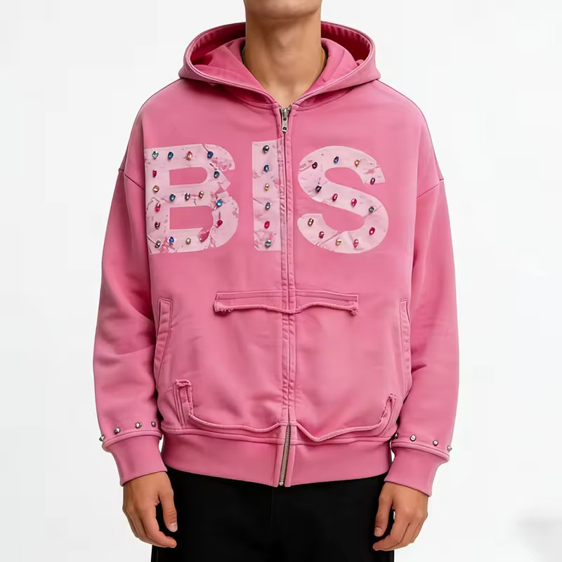 Rhinestone Letter Oversized Zip Up Hoodie