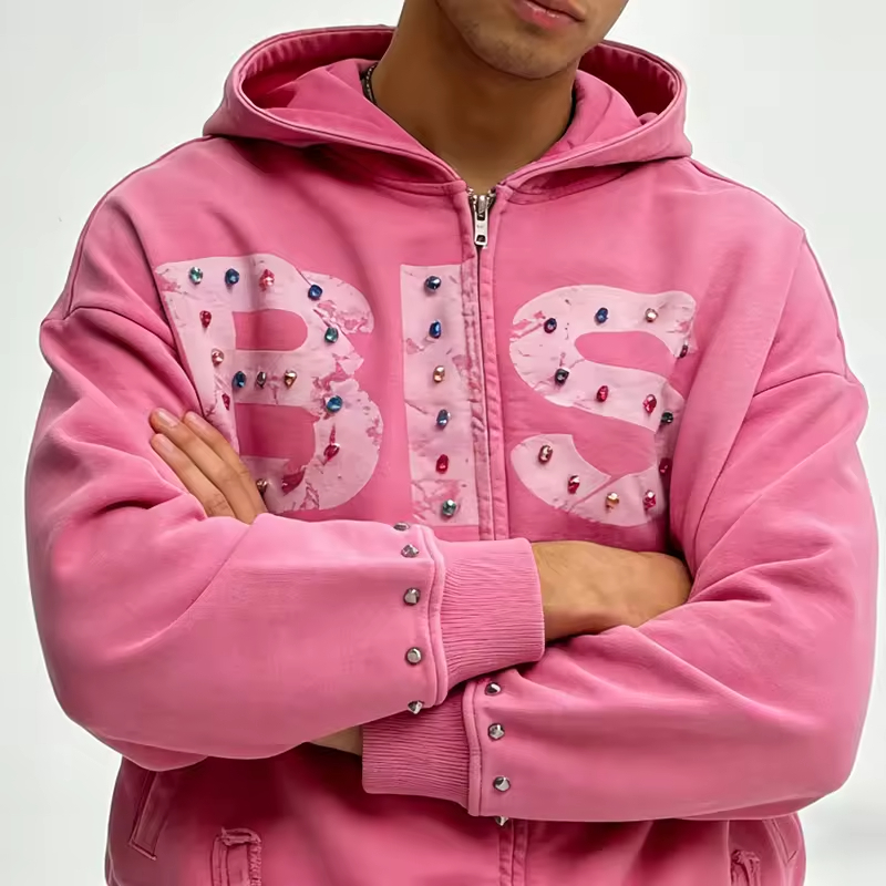 Rhinestone Letter Oversized Zip Up Hoodie