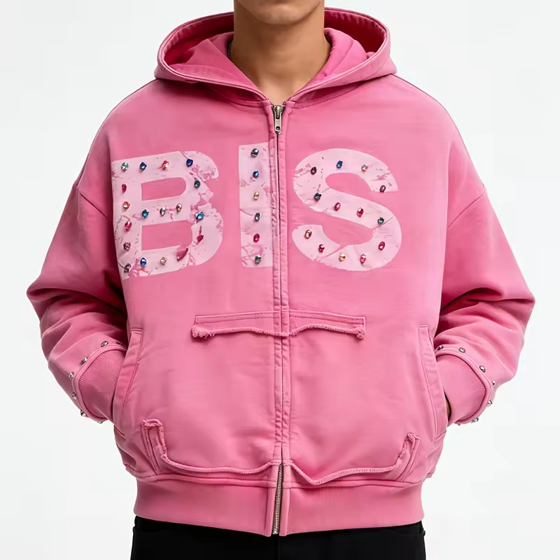 Rhinestone Letter Oversized Zip Up Hoodie