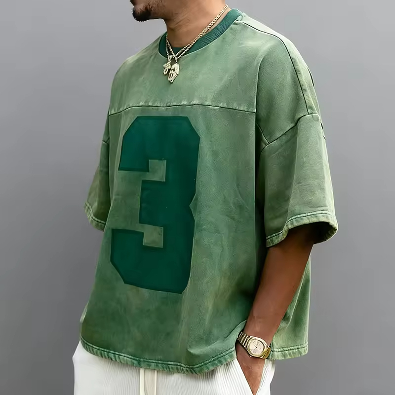 Retro Athletic Style Washed Green Number Print Oversized Graphic T Shirt