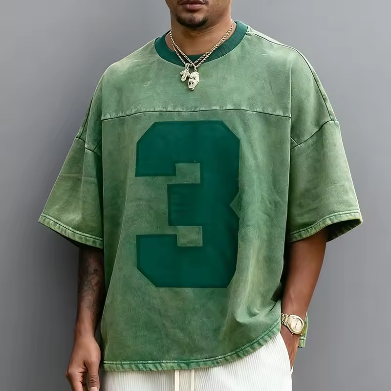 Retro Athletic Style Washed Green Number Print Oversized Graphic T Shirt
