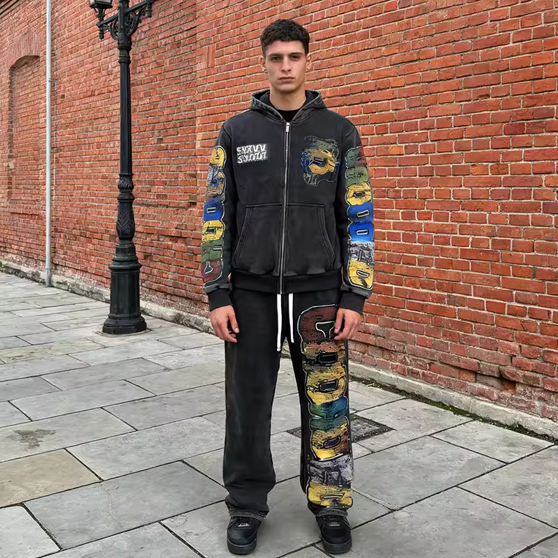 Acid Washed Flare Stacked Sweatpants and Hoodie Set Men