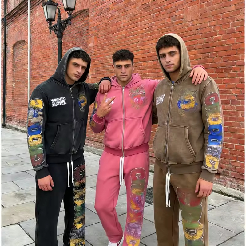 Acid Washed Flare Stacked Sweatpants and Hoodie Set Men
