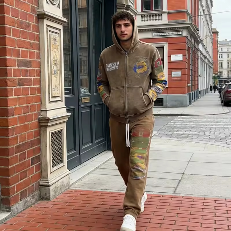 Acid Washed Flare Stacked Sweatpants and Hoodie Set Men