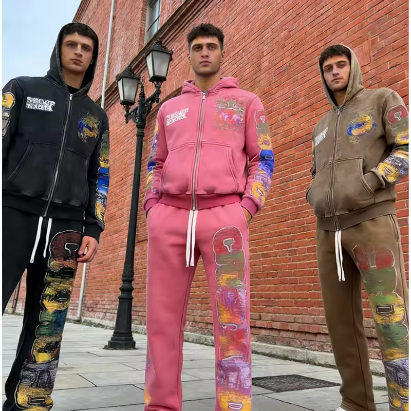 Acid Washed Flare Stacked Sweatpants and Hoodie Set Men