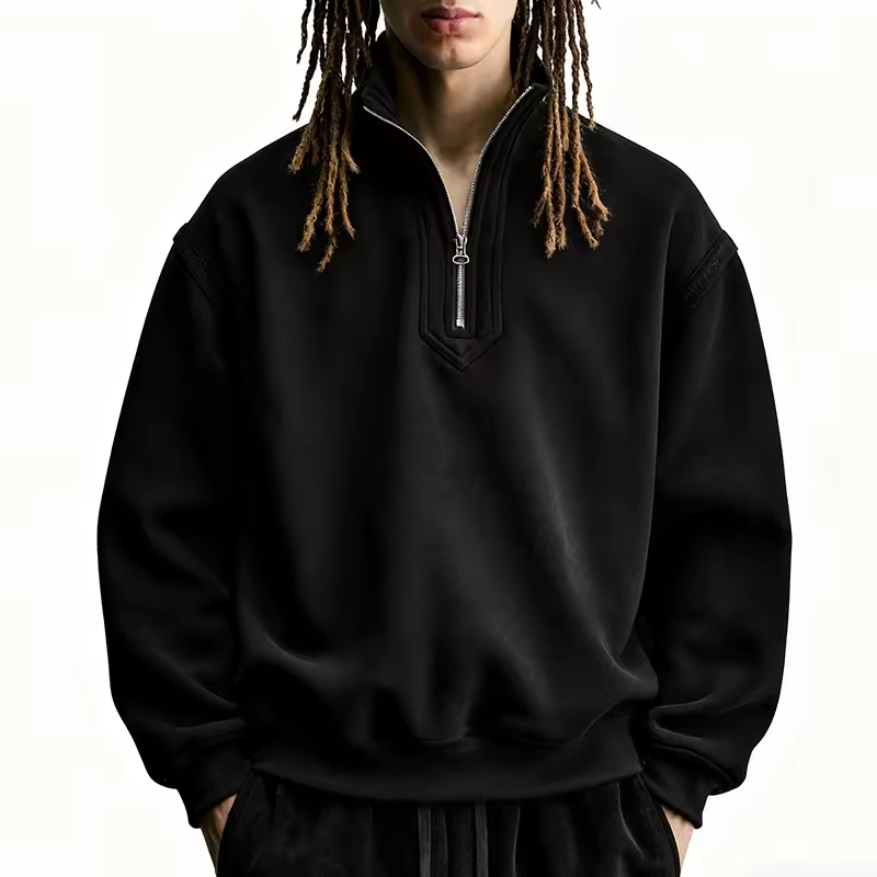 Streetwear Black High Collar Half Zip Sweatshirt