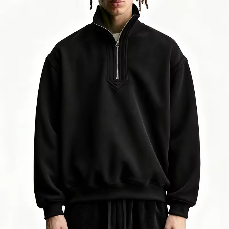 Streetwear Black High Collar Half Zip Sweatshirt