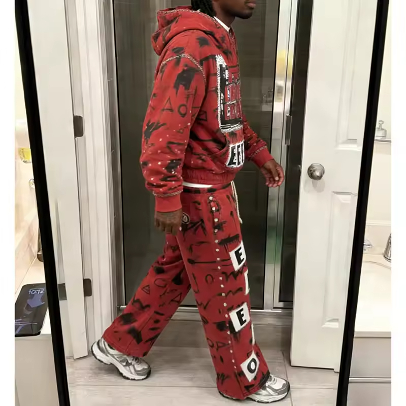 Distressed Rhinestone Sweatpants and Hoodie Set Men